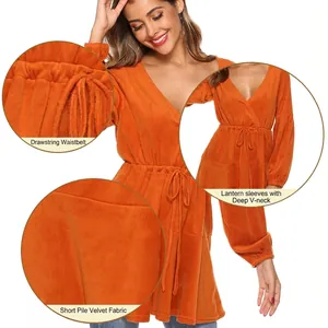 Orange velvet V-neck dress with lantern sleeves and adjustable drawstring waist tie