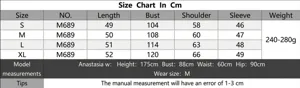 Detailed size chart for women's knit cardigan showing length and chest measurements