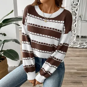 Jersey de punto a rayas para mujer con patrones marrón y blanco y cuello redondo
