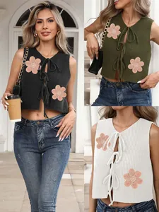 Top Court en Tricot pour Femmes Broderie Florale Gilet à Lacets Devant Cardigan Sans Manches Y2K Vintage Tricot Décontracté