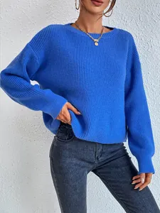 Maglione da donna in maglia blu reale con girocollo e strisce verticali testurizzate