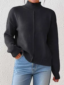 Detailed knit texture and vertical seam design on a black mock neck pullover sweater