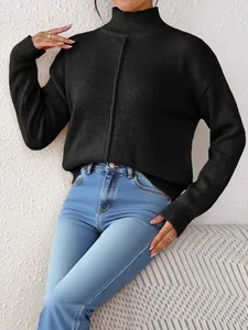 Detailed knit texture and vertical seam design on a black turtleneck sweater