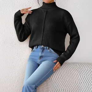 Women's black turtleneck knit sweater with drop shoulder and vertical seam detail