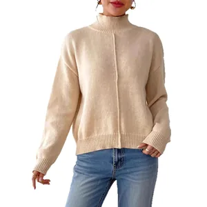 Women's chic beige turtleneck knit sweater with vertical seam and dropped shoulder