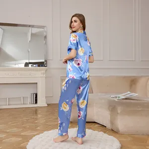 Women's royal blue ice silk floral pajama set with short sleeves and long pants