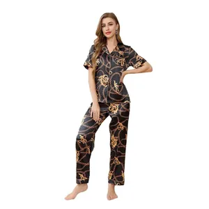 Luxury ice silk pajama set for women featuring baroque gold chain print and short sleeves