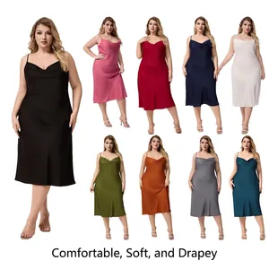 Plus size satin slip dress with cowl neck available in nine vibrant solid colors