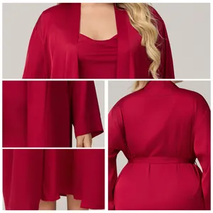 Set camicia da notte lunga in raso rosso scuro con scollo a drappeggio e vestaglia