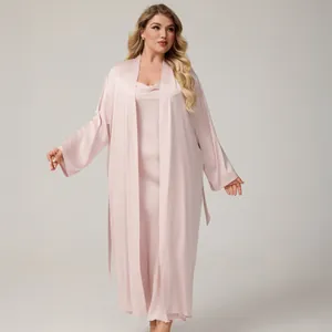 Vestaglia E Camicia Da Notte In Raso Da Donna Taglie Forti Sexy Scollo A V Manica Lunga Loungewear Tinta Unita Elegante
