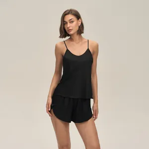 Caraco et Short Sexy pour Femmes en Mousseline de Satin Couleur Unie Top And Bottom Été Sans Manches Loungewear Col en V Pyjama
