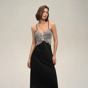 Robe Maxi nuisette en Satin Sexy pour Femme avec Dentelle Patchwork Dos nu Col en V Chemise de Nuit Élégante Sans Manches Vêtement de Maison