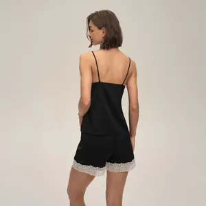 Elegant black satin camisole and lace trim shorts sleepwear set for women back view