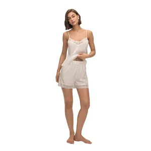 Elegant ivory satin sleepwear set for women with V-neck lace camisole and matching shorts