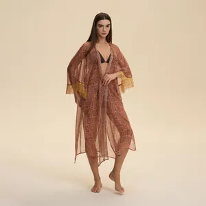 Túnica de playa bohemia de gasa con estampado tribal y borlas amarillas para mujer