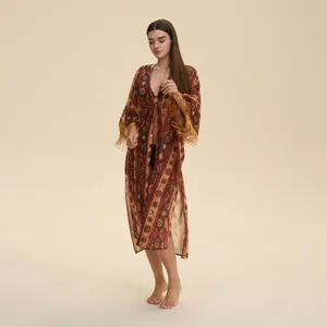 Cubre Traje de Baño de Playa de Gasa Bohemio para Mujer Cárdigan Largo de Kimono Con Borlas Estampado Étnico Protección Solar