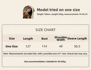 Detailed size chart for women velvet bathrobe showing length and measurements in cm