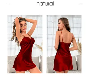 Detail of red ice silk nightgown with backless design and elegant satin finish