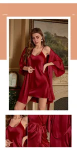 Detail view of smooth red satin sleepwear set featuring V-neck slip dress and belted robe