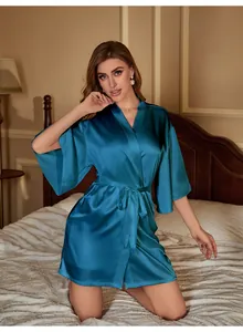 Elegant teal silk satin short robe for women with a waist tie and kimono sleeves detail
