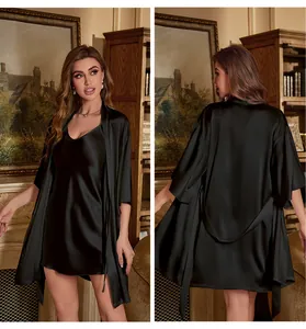 Detailed view of women's black ice silk satin nightgown and robe two-piece set