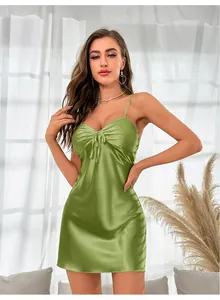 Close-up of grass green ice silk nightgown with drawstring V-neck and thin straps