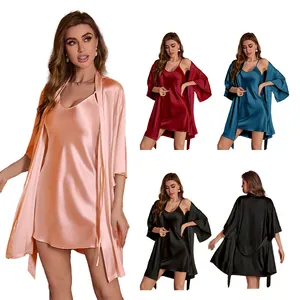 Women Elegant Satin Pajamas Nightdress And Robe Sexy V Neck Silk Like Sleepwear Loungewear Nightgown For Summer Home