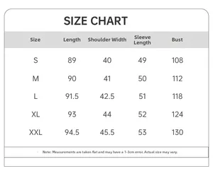 Size chart for French elegant long sleeve silk sleepwear with detailed measurements in cm