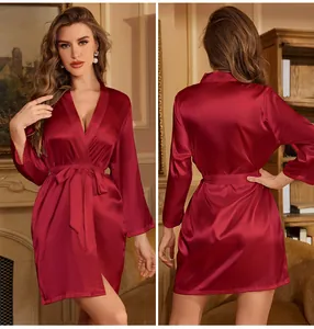 Front and back view of elegant red satin silk bathrobe with V-neckline and waist tie
