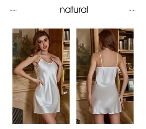 Front and back view of elegant pearl white silk satin slip nightdress for women