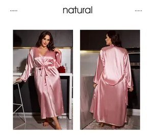 Pink satin long robe with long sleeves and waist tie detail shown in front and back view