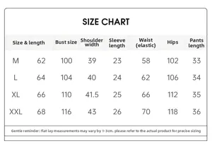 Detailed size chart for women's French style ice silk pajama set showing measurements in cm