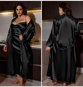 Detail of elegant black two-piece satin pajama set featuring a long robe and slip dress