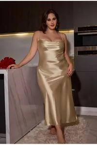 Detailed view of champagne gold satin long slip dress with a cowl neck design