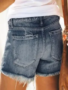 Short en jean taille haute pour femme avec poches usées et longues franges à glands