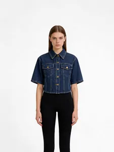Kurzärmelige dunkelblaue Jeansjacke für Damen mit Vintage-Revers und Frontknöpfen