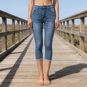 Detail of dark blue cropped jeans with trendy frayed hems and elastic slim fit fabric