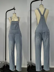 Front and back detail of light blue denim overalls with pockets and adjustable straps