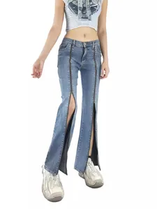 Jean évasé taille haute pour femmes en bleu avec doubles fentes zippées stylées