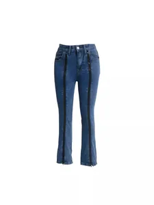 Jean bleu à taille haute pour femme avec fermetures éclair sur le devant et fini délavé