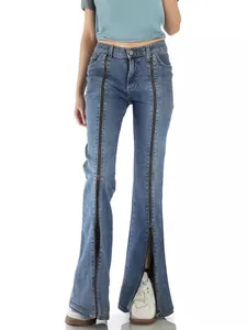 Jean évasé taille haute bleu moyen pour femme avec double fermeture éclair et ourlet fendu