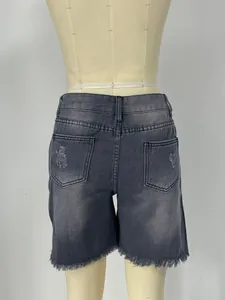 Women's plus size dark grey denim shorts with distressed ripped hem and back pockets