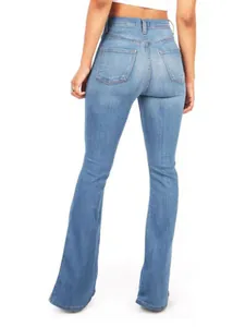 Women high waist flare jeans in light blue wash featuring a slim fit retro style silhouette