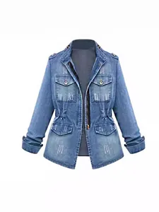 Damen Denim-Jacke Utility Gewaschen Langarm Mantel Mit Reißverschluss Kordelzug Elastische Taille 4 Taschen Distressed Top