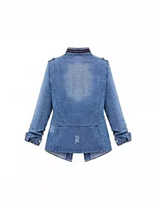 Damen Jeansjacke in Übergröße, hellblau gewaschen, mit gestreiftem Stehkragen und Used-Look