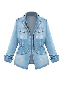 Damen Jeansjacke in Hellblau mit Stehkragen und elastischem Taillendesign