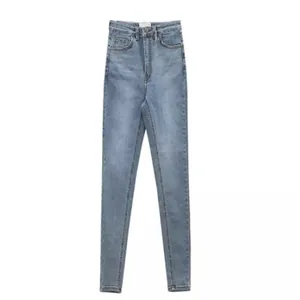 Slim fit high waisted skinny jeans for women in light blue washed denim fabric