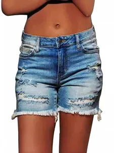 Women Casual Ripped Denim Shorts Distressed Frayed Hem Plus Size Mid Waist Washed Cotton Bermuda Jean Shorts