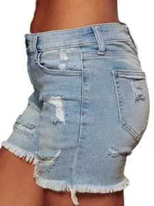 Women's plus size light blue distressed denim shorts with frayed hem and side pockets