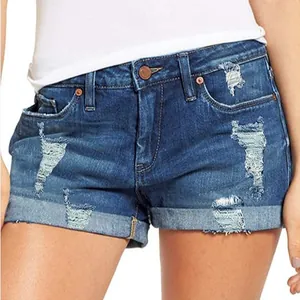 Short en jean stretch bleu foncé pour femme avec détails déchirés et ourlet replié